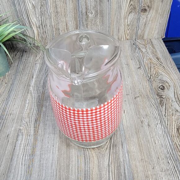 Vintage Red White Gingham Check Pitcher, Anchor Hocking, Ice Lip - Picture 3 of 6